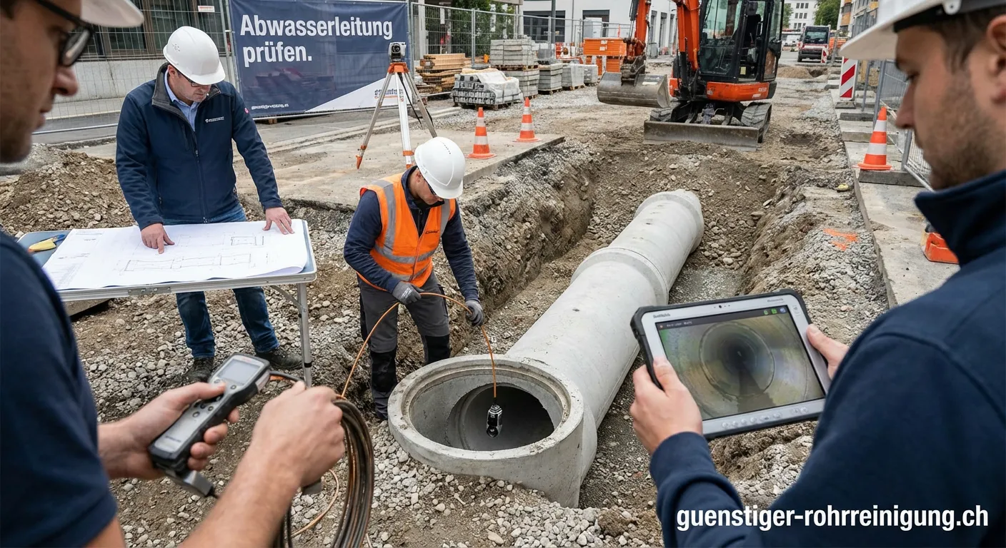 Fachmann prüft Abwasserleitung mit Kamera nach Bauarbeiten