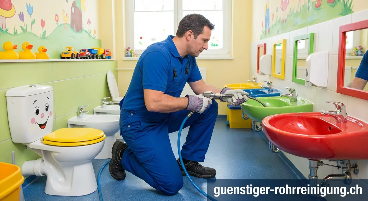 Klempner bei der Arbeit in einem Kindergarten Waschraum