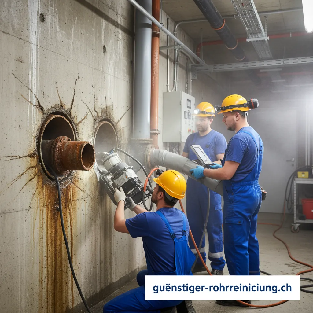 Detailansicht einer professionellen Rohrsanierung an einer Wanddurchführung