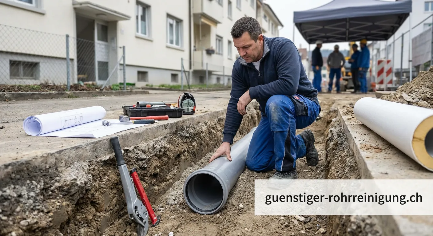 Bauplan für Rohrsanierung und Rohrerweiterung mit Werkzeugen auf einer Baustelle