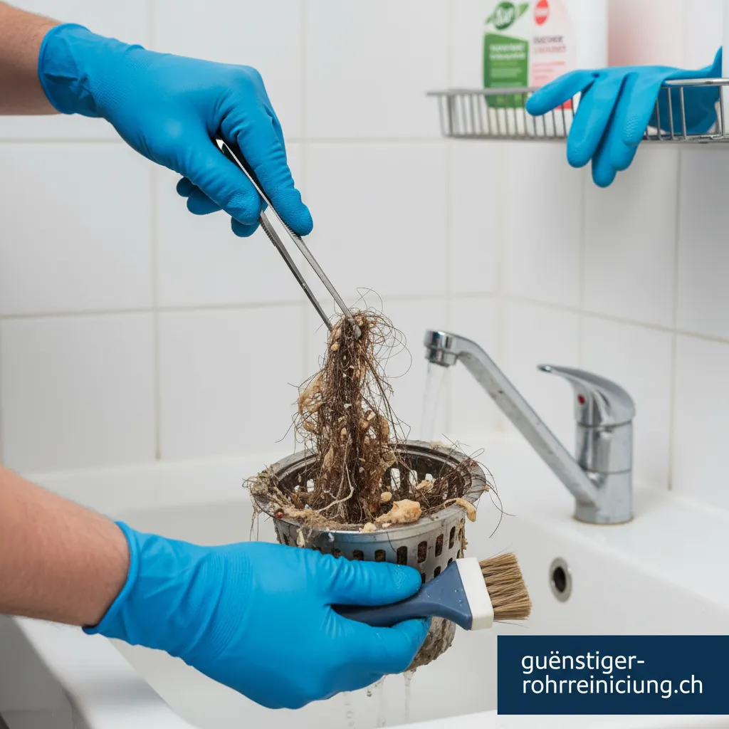 Ein sauberer Fangkorb für den Abfluss, gehalten in einer behandschuhten Hand.