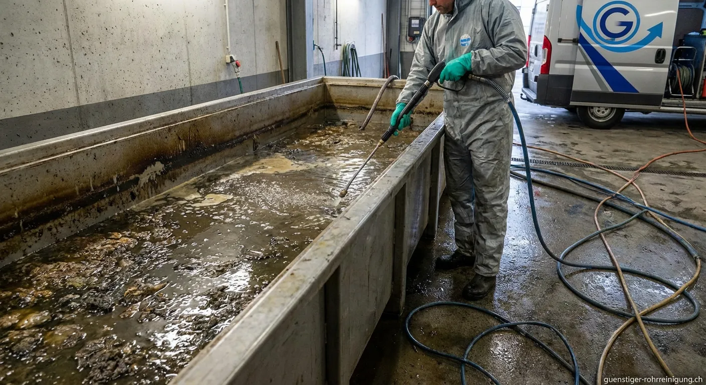 Mitarbeiter bei der Reinigung eines verstopften Flotationsbehälters mit Hochdruckreiniger