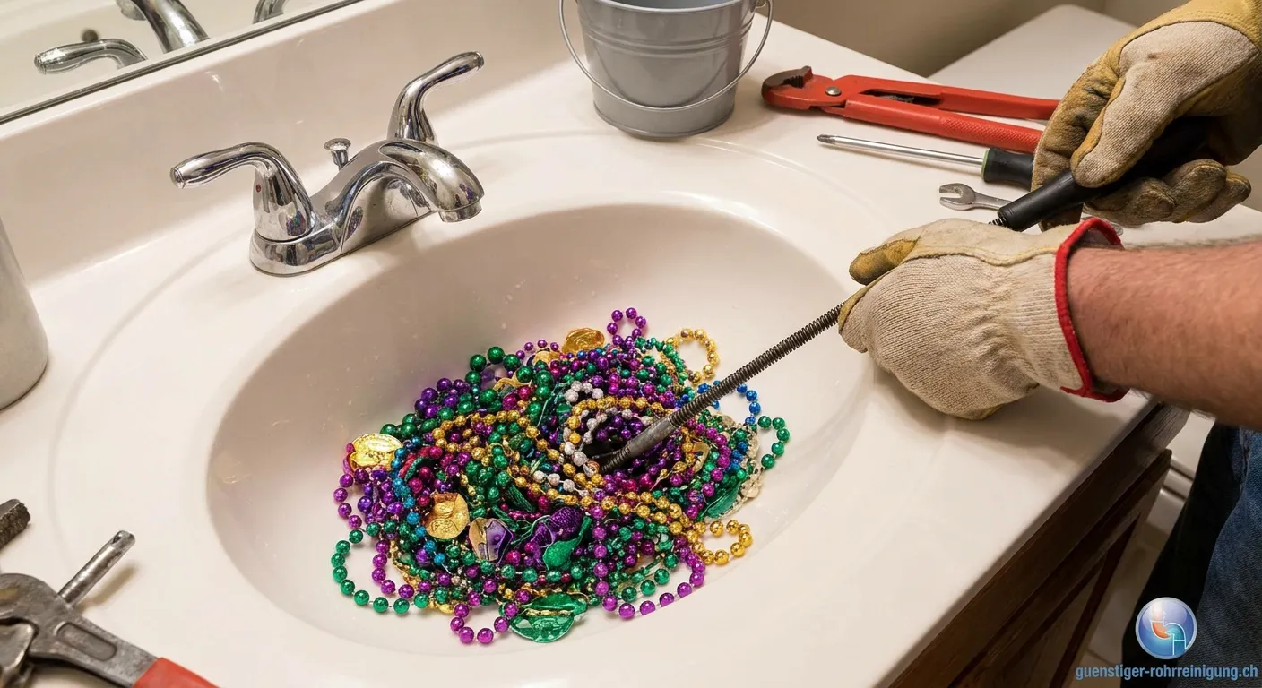 Mardi Gras Perlen in einem verstopften Abflussrohr